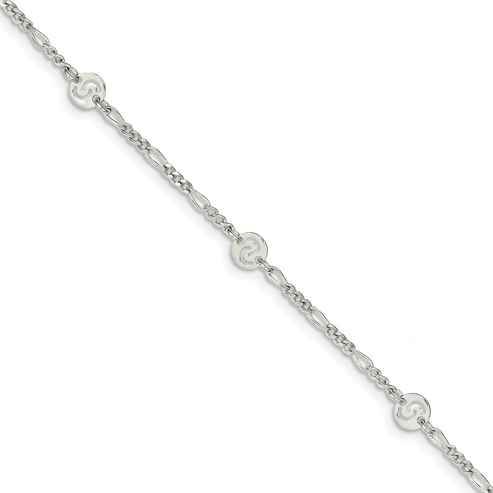 Sterling Silver Swirl Disc and Figaro Chain Adjustable Anklet, 9 Inch, Item A8540 by The Black Bow Jewelry Co.