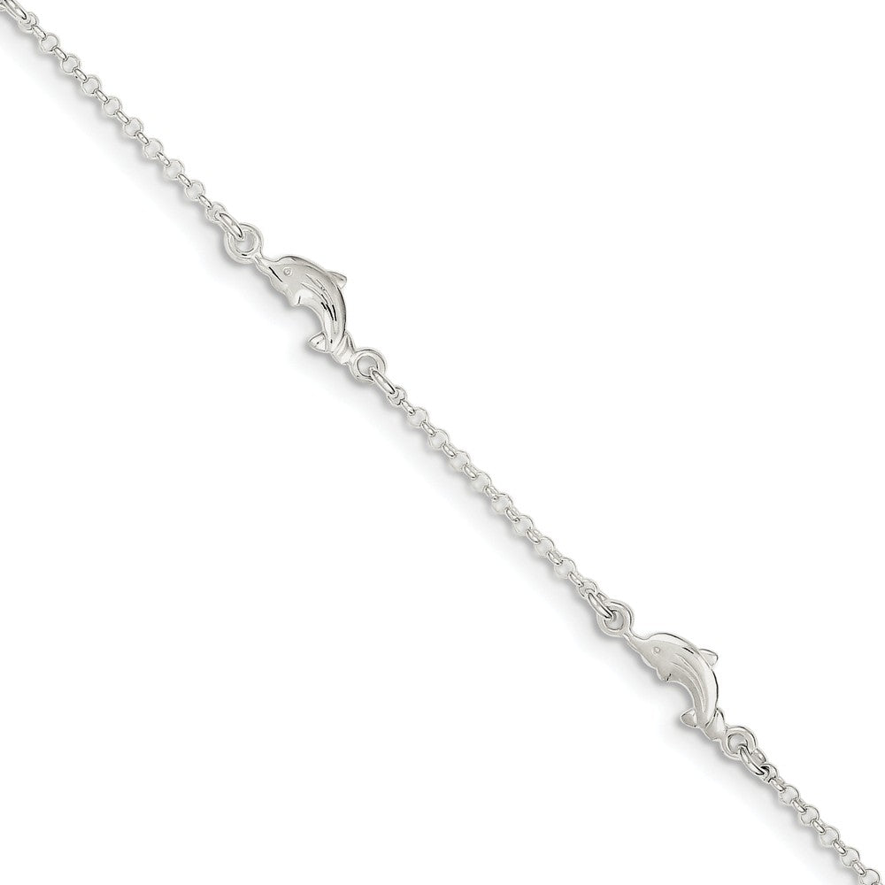 Sterling Silver Dolphin Station Link Adjustable Anklet, 9 Inch, Item A8548 by The Black Bow Jewelry Co.