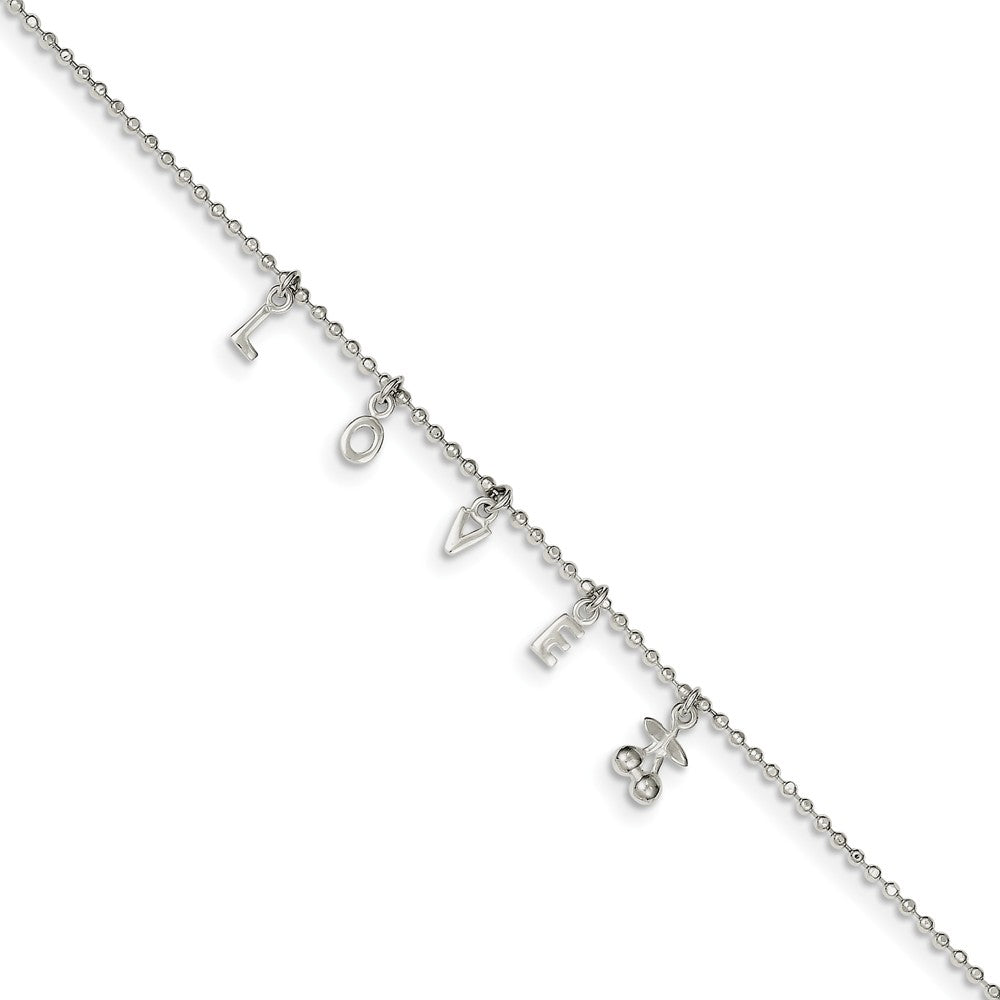 Sterling Silver 1.5mm Beaded LOVE Charm Anklet, 10-11 Inch, Item A8553 by The Black Bow Jewelry Co.
