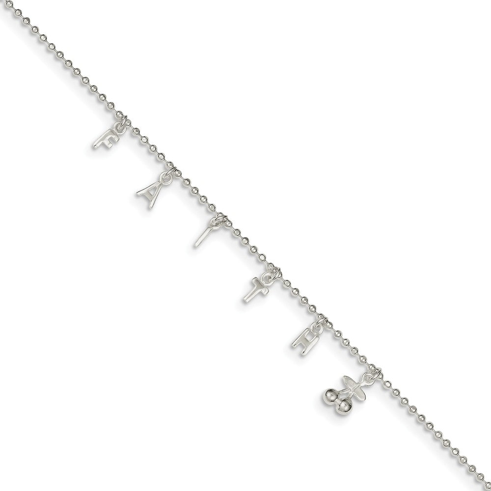 Sterling Silver 1.5mm Beaded FAITH Charm Anklet, 10-11 Inch, Item A8554 by The Black Bow Jewelry Co.