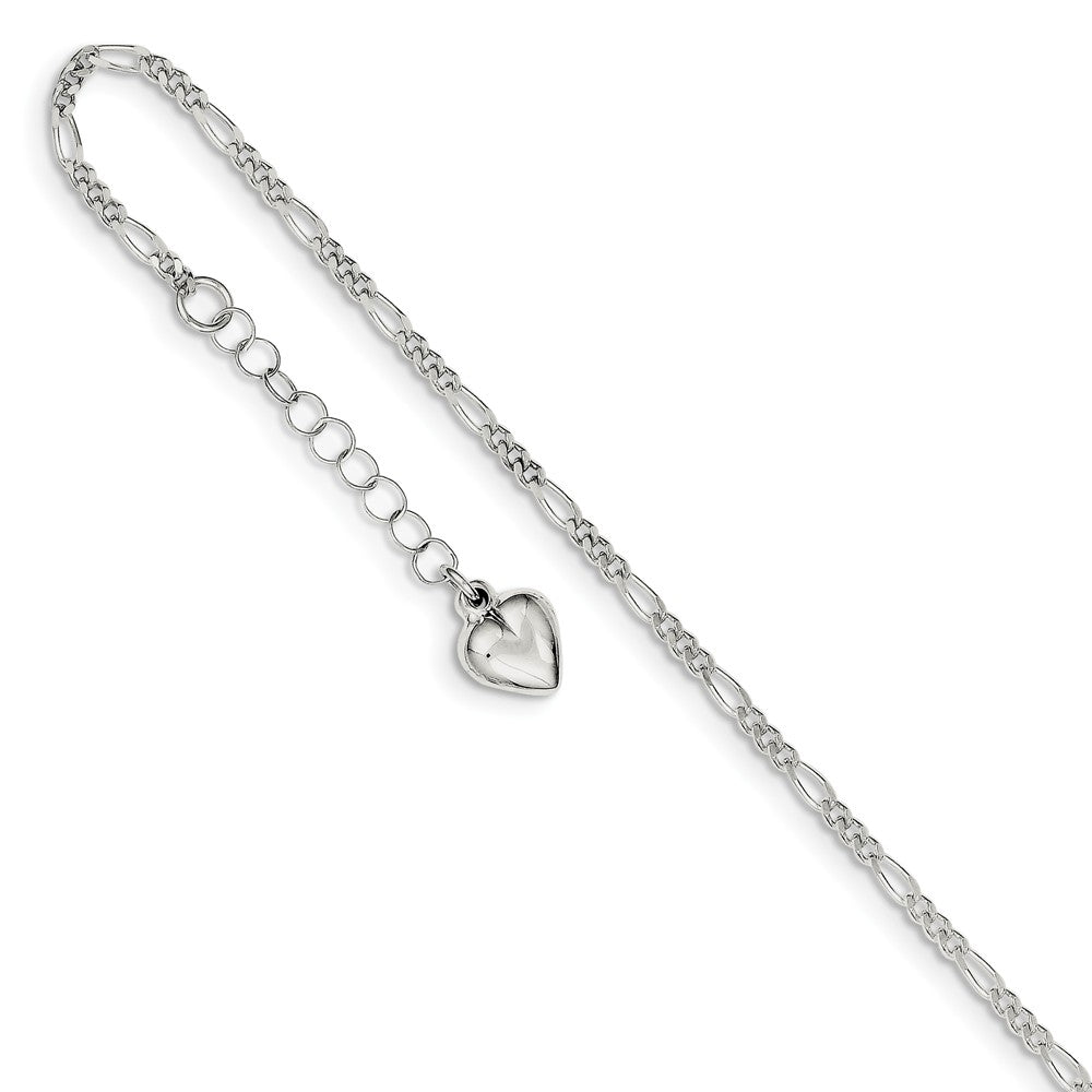 Sterling Silver Polished Heart Adjustable Figaro Chain Anklet, 9 Inch, Item A8555 by The Black Bow Jewelry Co.