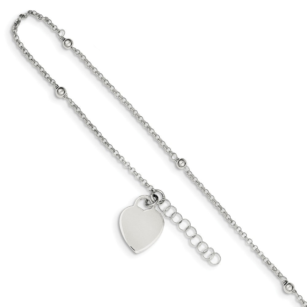 Sterling Silver Beaded Rolo Chain And Heart Charm Adj. Anklet, 9 Inch, Item A8556 by The Black Bow Jewelry Co.