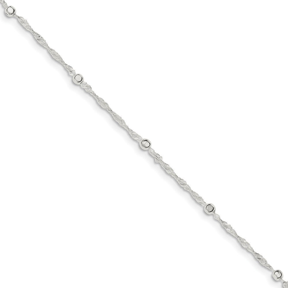Sterling Silver 2mm Singapore And 3mm Bead Adj. Chain Anklet, 10 Inch, Item A8559 by The Black Bow Jewelry Co.