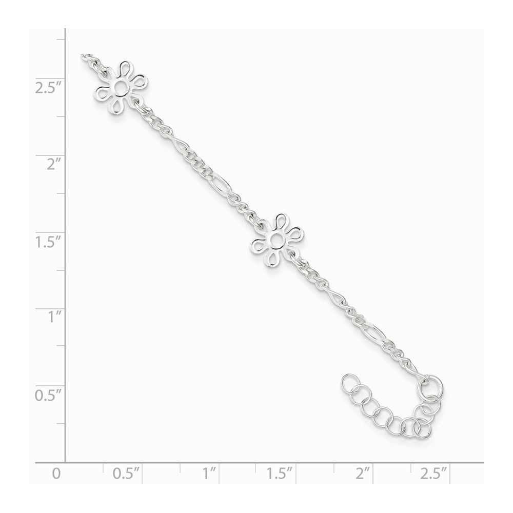 Alternate view of the Sterling Silver Flower Station Figaro Link Adjustable Anklet, 9 Inch by The Black Bow Jewelry Co.