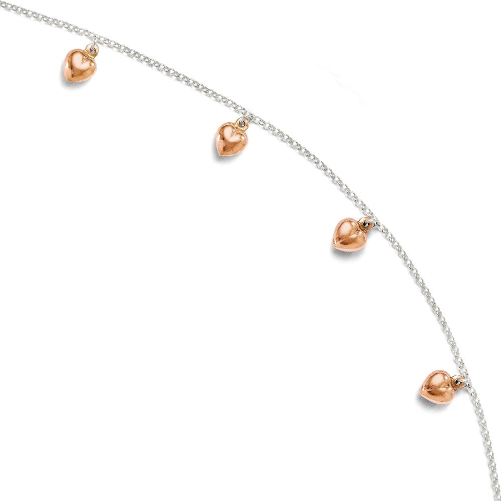 18k Rose Gold Plated And Sterling Silver Puffed Hearts Anklet, 9-10 In, Item A8577 by The Black Bow Jewelry Co.
