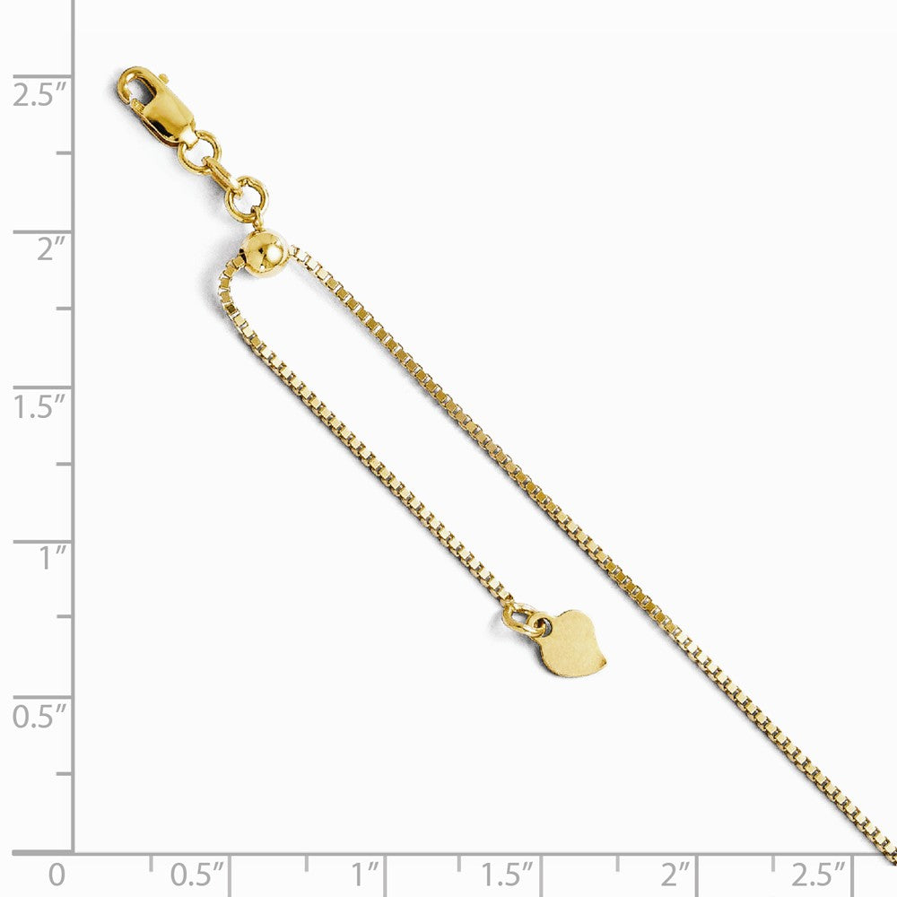 Alternate view of the 14k Yellow Gold 1mm Adjustable Box Chain Anklet, 11 Inch by The Black Bow Jewelry Co.