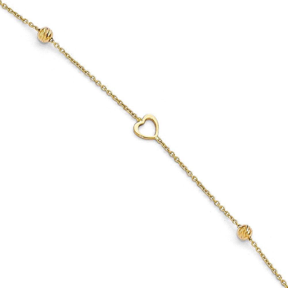 14k Yellow Gold Open Heart and Diamond-Cut Bead Anklet, 10-11 Inch, Item A8662 by The Black Bow Jewelry Co.