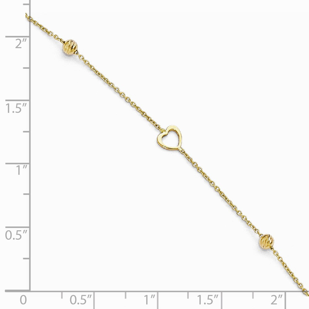 Alternate view of the 14k Yellow Gold Open Heart and Diamond-Cut Bead Anklet, 10-11 Inch by The Black Bow Jewelry Co.