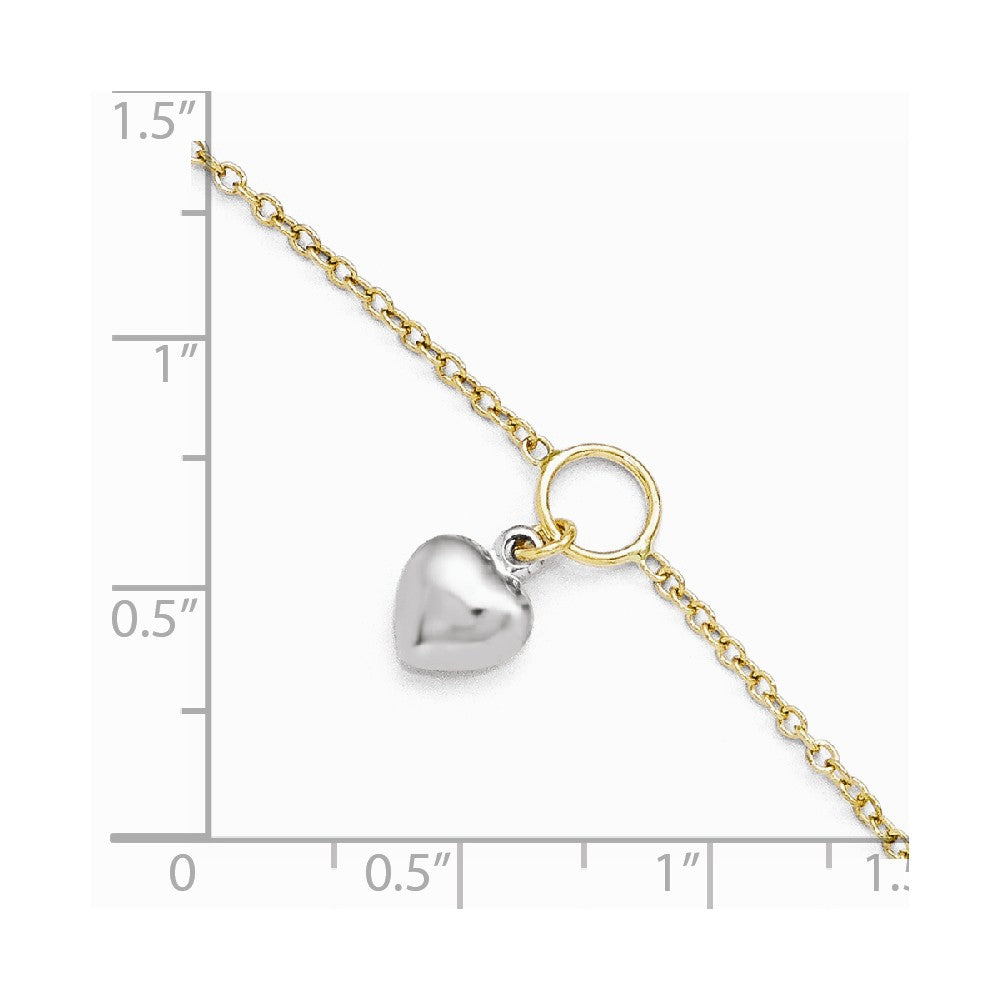 Alternate view of the 14k Two Tone Gold Dangling Puffed Heart Anklet, 10-11 Inch by The Black Bow Jewelry Co.