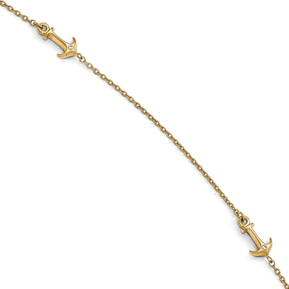 14k Yellow Gold and Cubic Zirconia Anchor Station Anklet, 9-10 Inch, Item A8665 by The Black Bow Jewelry Co.
