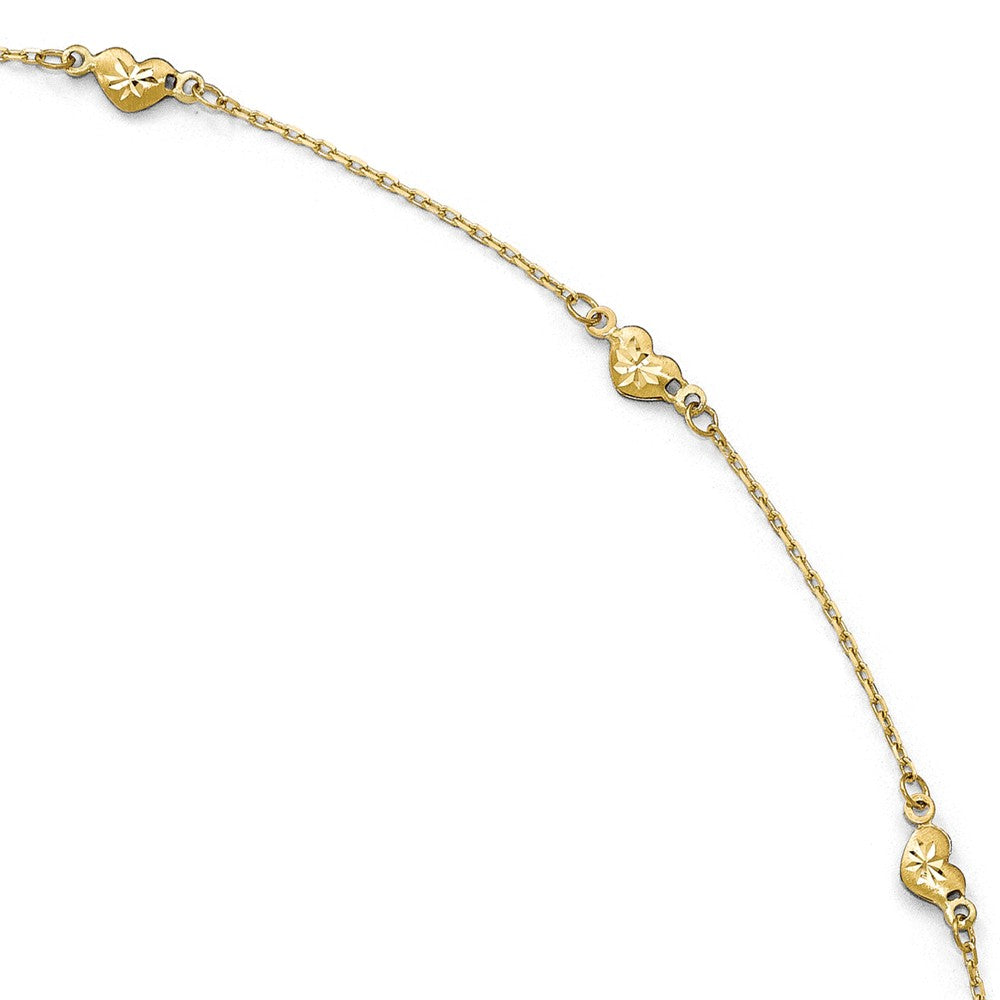 14k Yellow Gold Brushed And Diamond-Cut Heart Station Anklet, 9-10 In, Item A8676 by The Black Bow Jewelry Co.