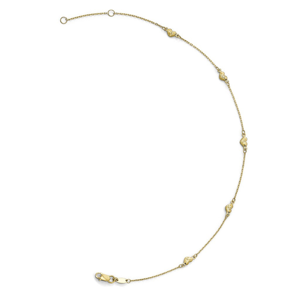 Alternate view of the 14k Yellow Gold Brushed And Diamond-Cut Heart Station Anklet, 9-10 In by The Black Bow Jewelry Co.