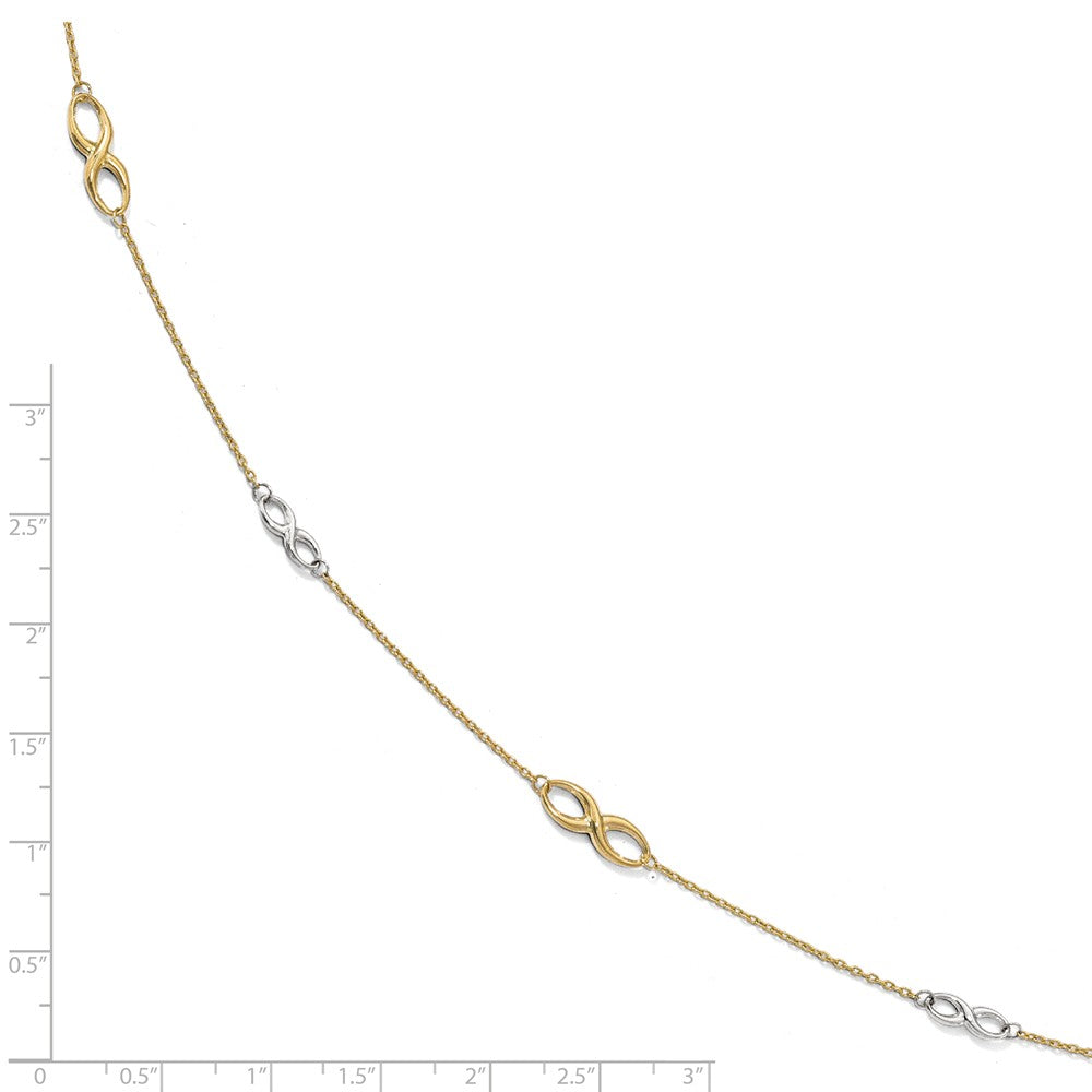 Alternate view of the 10k Two Tone Gold Polished Infinity Station Anklet, 9-10 Inch by The Black Bow Jewelry Co.