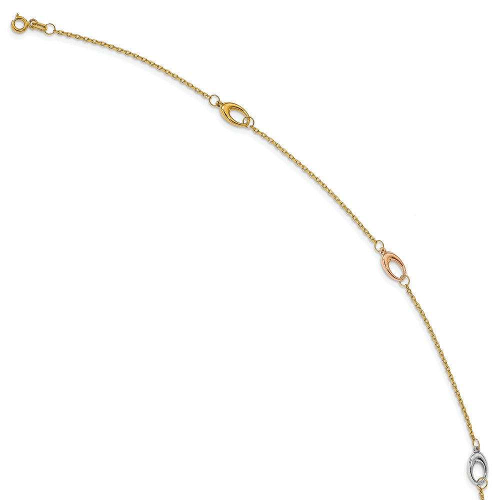 Alternate view of the 14k Tri-Color Gold Cable Chain And Oval Station Anklet, 9.5-10.5 Inch by The Black Bow Jewelry Co.