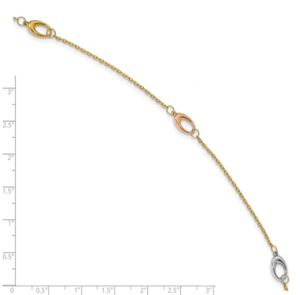 Alternate view of the 14k Tri-Color Gold Cable Chain And Oval Station Anklet, 9.5-10.5 Inch by The Black Bow Jewelry Co.