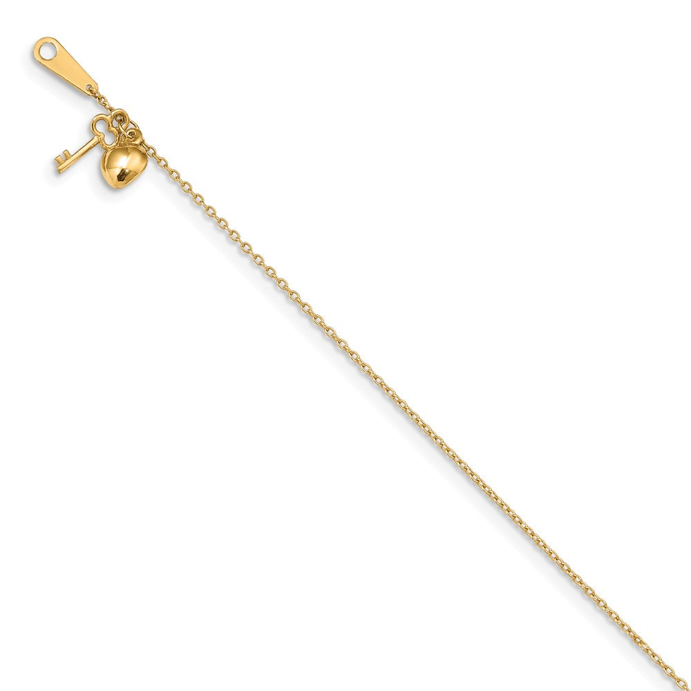 14k Yellow Gold Heart and Key 0.8mm Cable Chain Anklet, 10 Inch, Item A8806 by The Black Bow Jewelry Co.