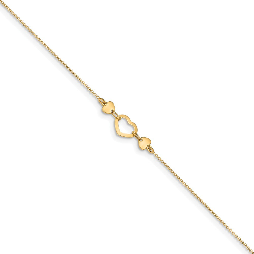 14k Yellow Gold Polished Heart And Cable Chain Anklet, 10-10.75 Inch, Item A8807 by The Black Bow Jewelry Co.