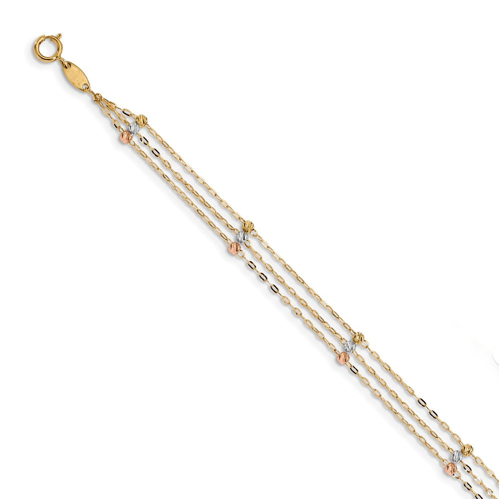 Alternate view of the 14k Tri-Color Gold 3-Strand D/C Beaded Cable Chain Anklet, 10 Inch by The Black Bow Jewelry Co.