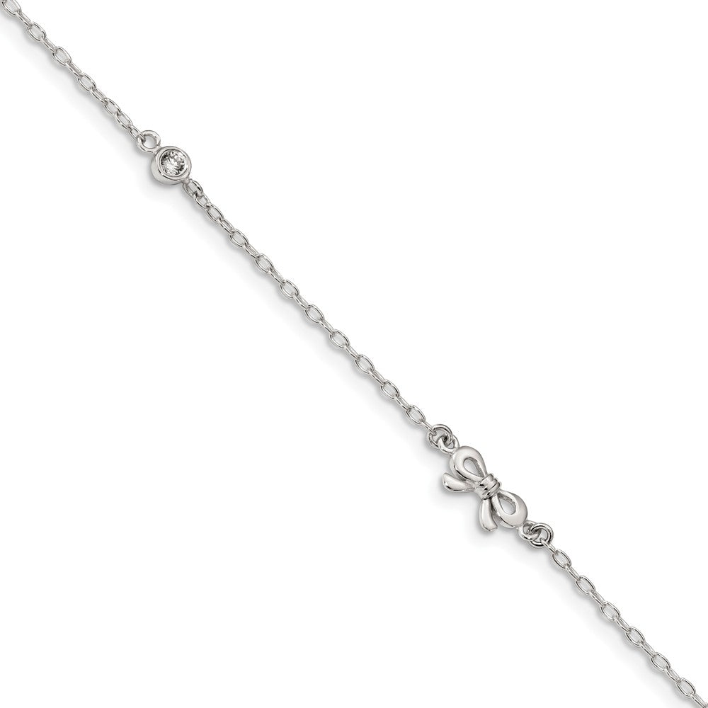 Sterling Silver CZ Bow And 1.5mm Cable Chain Anklet, 9-10 Inch, Item A8815 by The Black Bow Jewelry Co.