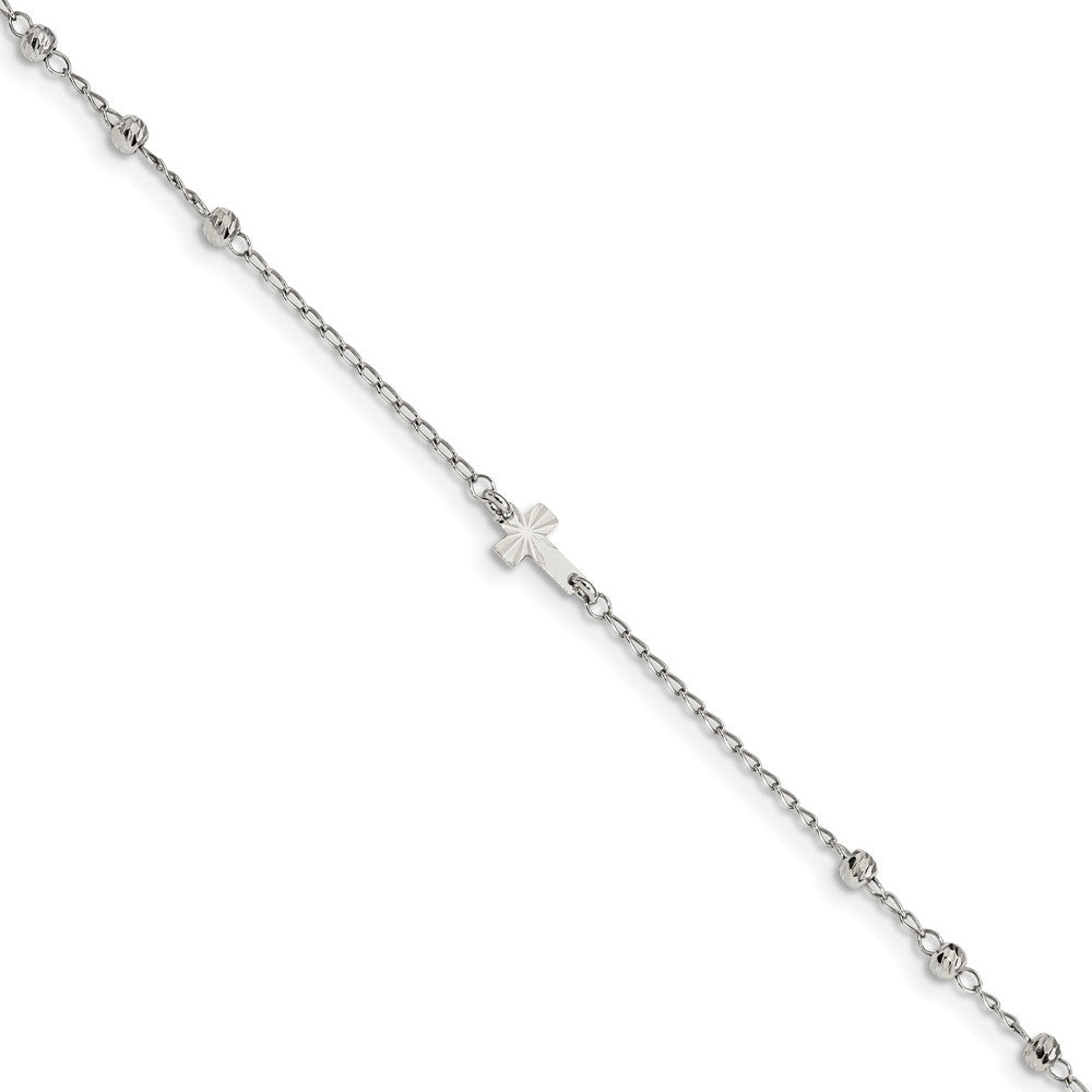 Rhodium-Plated Sterling Silver Cross With D/C Beads Anklet, 9-10 Inch, Item A8821 by The Black Bow Jewelry Co.