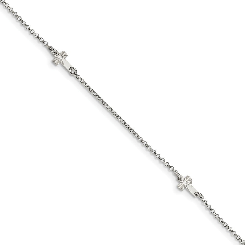 Rhodium-Plated Sterling Silver D/C Crosses Rolo Chain Anklet, 9-10 In., Item A8822 by The Black Bow Jewelry Co.