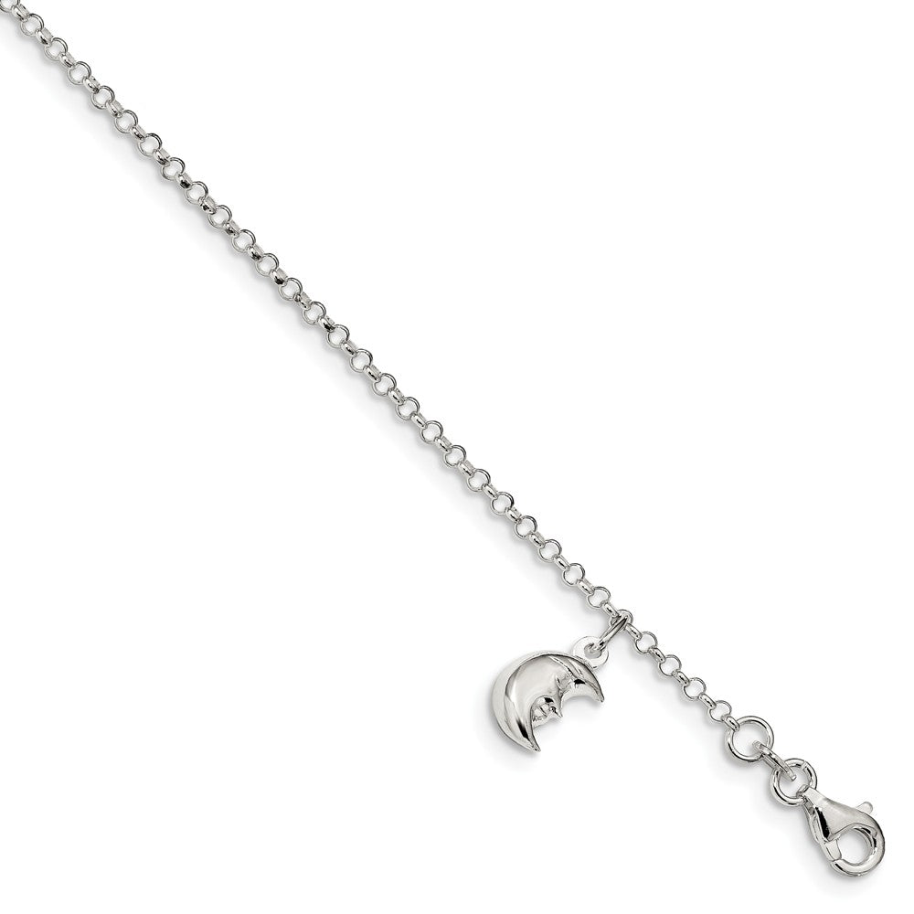 Sterling Silver Moon Dangle Charm And 1.5mm Rolo Chain Anklet 10-11 In, Item A8832 by The Black Bow Jewelry Co.