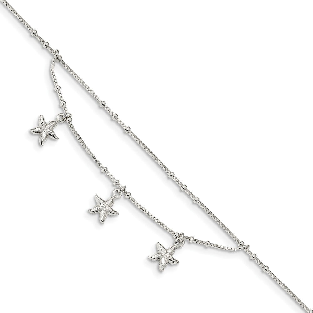 Sterling Silver Triple Starfish 0.8mm Box Chain Swag Anklet, 9-10 In, Item A8839 by The Black Bow Jewelry Co.