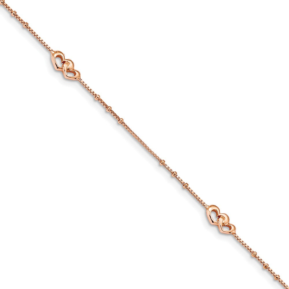 Rose-Tone Plated Sterling Silver Hearts And Box Chain Anklet, 9-10 In, Item A8842 by The Black Bow Jewelry Co.