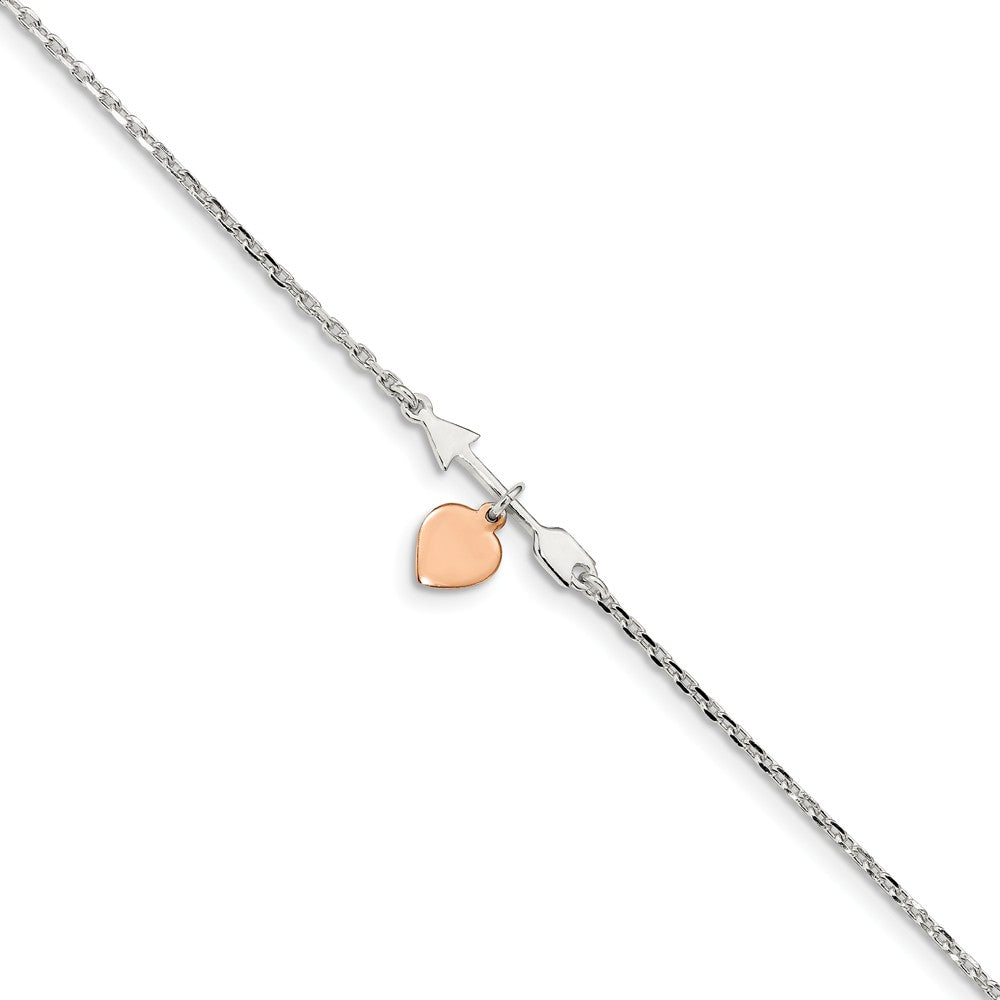 Sterling Silver Arrow Rose-Tone Heart And 1.5mm Cable Anklet, 10-11 In, Item A8844 by The Black Bow Jewelry Co.