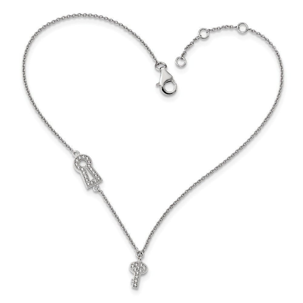 Rhodium Plated Sterling Silver CZ Lock And Key Cable Anklet, 9-10 Inch, Item A8861 by The Black Bow Jewelry Co.