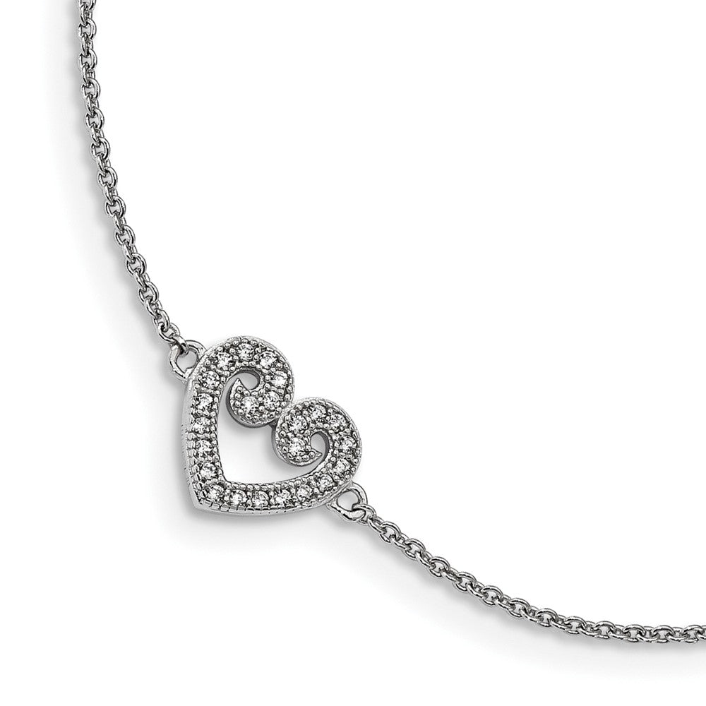 Rhodium Plated Sterling Silver 10mm CZ Heart And Cable Anklet, 9-10 In, Item A8862 by The Black Bow Jewelry Co.