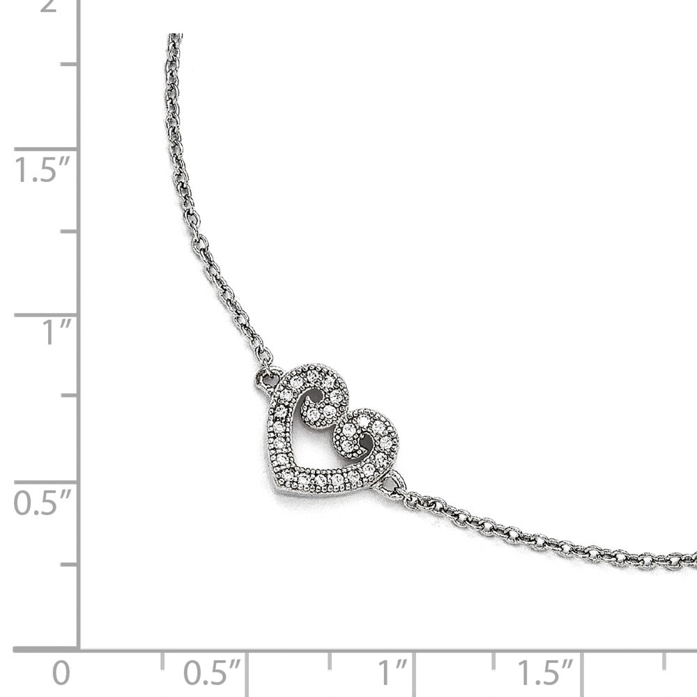 Alternate view of the Rhodium Plated Sterling Silver 10mm CZ Heart And Cable Anklet, 9-10 In by The Black Bow Jewelry Co.