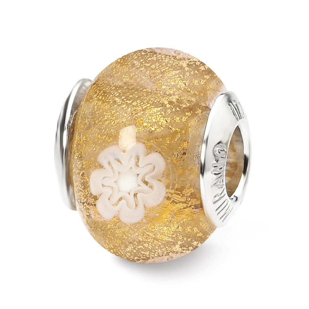 Golden/White Flower Murano Glass &amp; Sterling Silver Bead Charm, 14mm, Item B10058 by The Black Bow Jewelry Co.