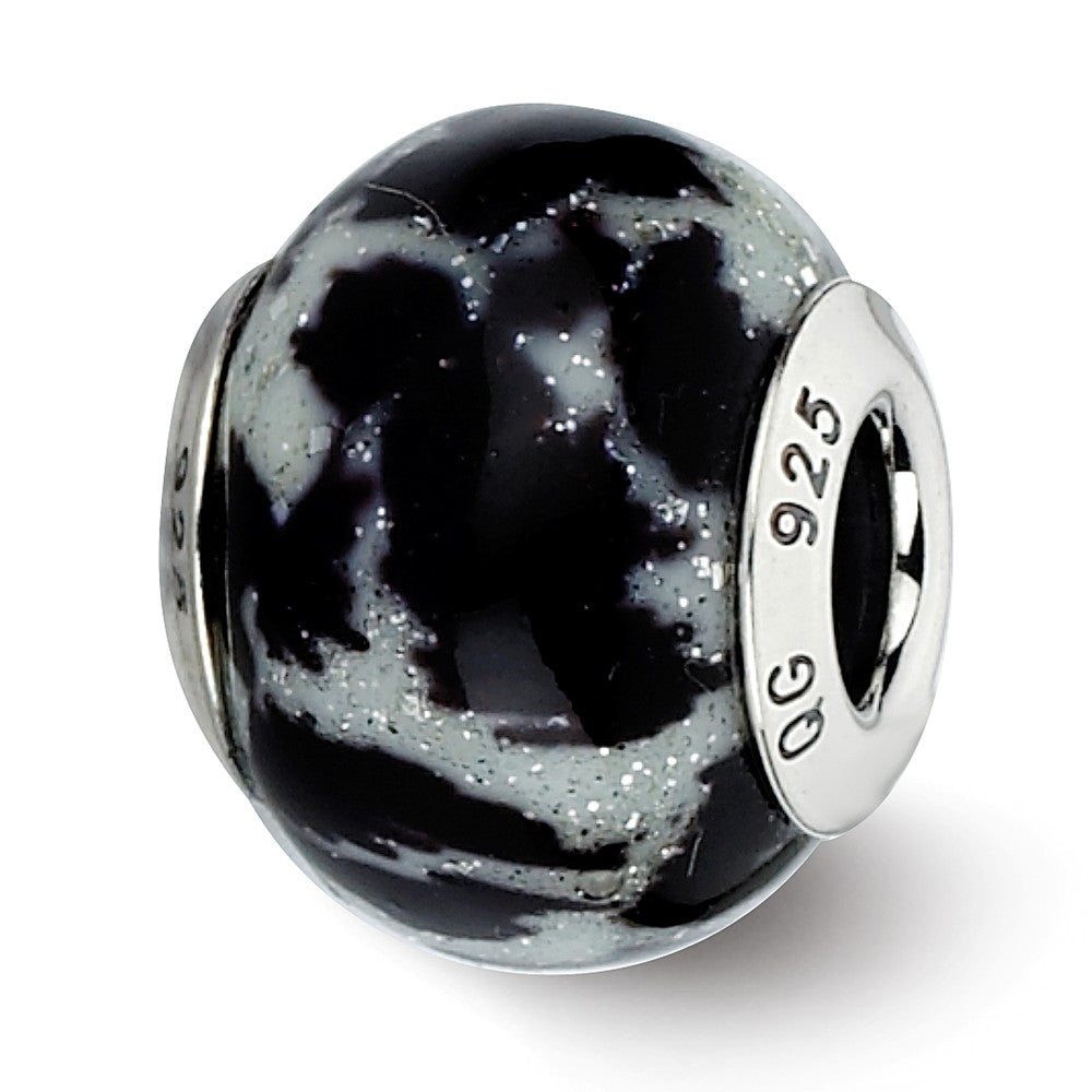 White &amp; Black Glitter Overlay Glass &amp; Sterling Silver Bead Charm, 15mm, Item B10219 by The Black Bow Jewelry Co.