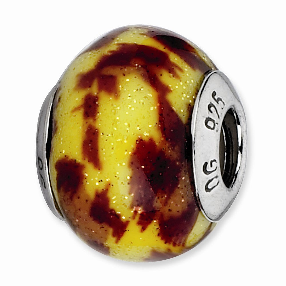 Sterling Silver Yellow &amp; Brown Glitter Overlay Glass Bead Charm, 15mm, Item B10220 by The Black Bow Jewelry Co.