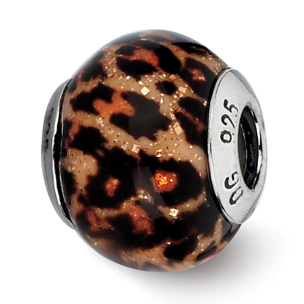 Brown Jaguar Glitter Overlay Glass &amp; Sterling Silver Bead Charm, 15mm, Item B10222 by The Black Bow Jewelry Co.