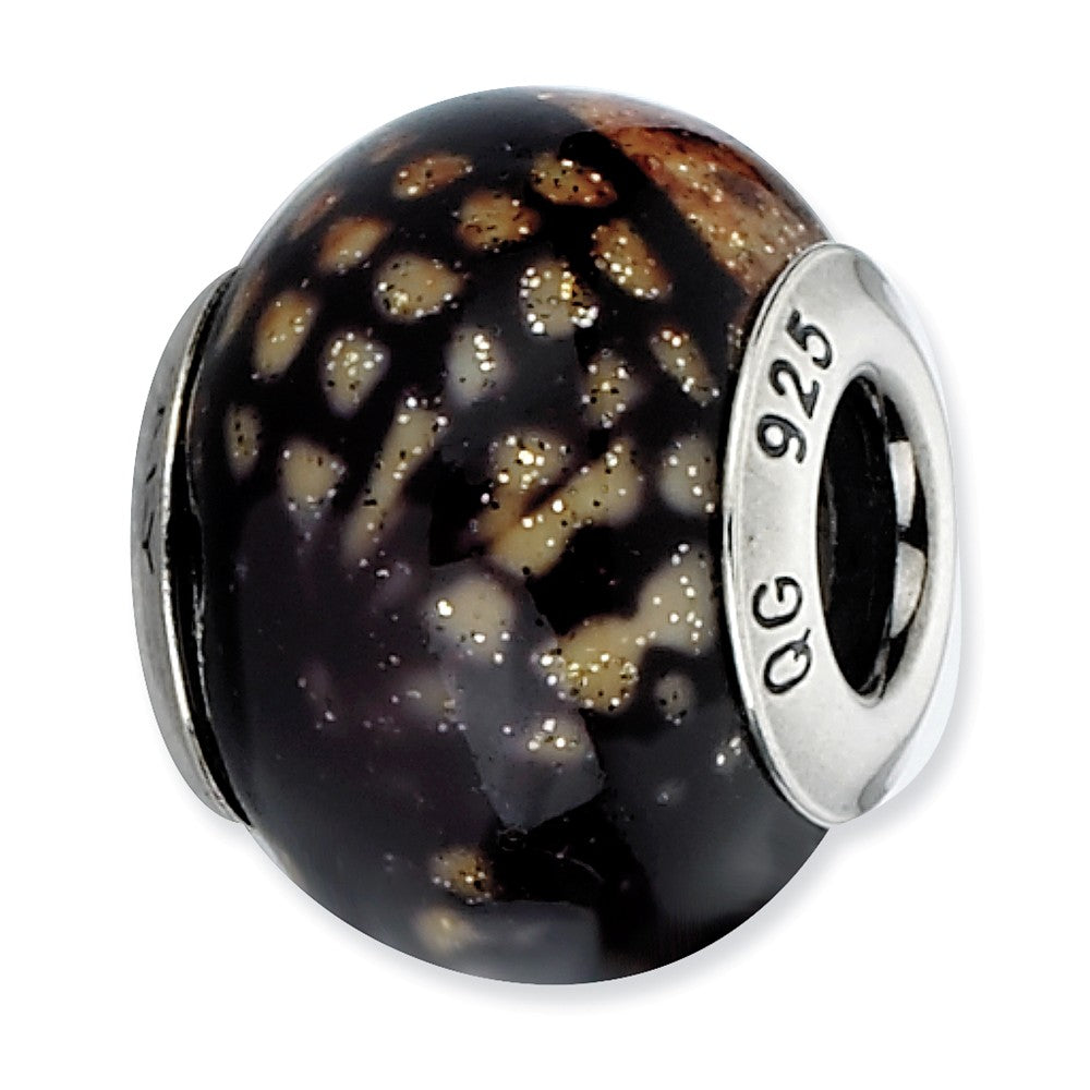 Brown, Black, Glitter Overlay Glass &amp; Sterling Silver Bead Charm, 15mm, Item B10225 by The Black Bow Jewelry Co.