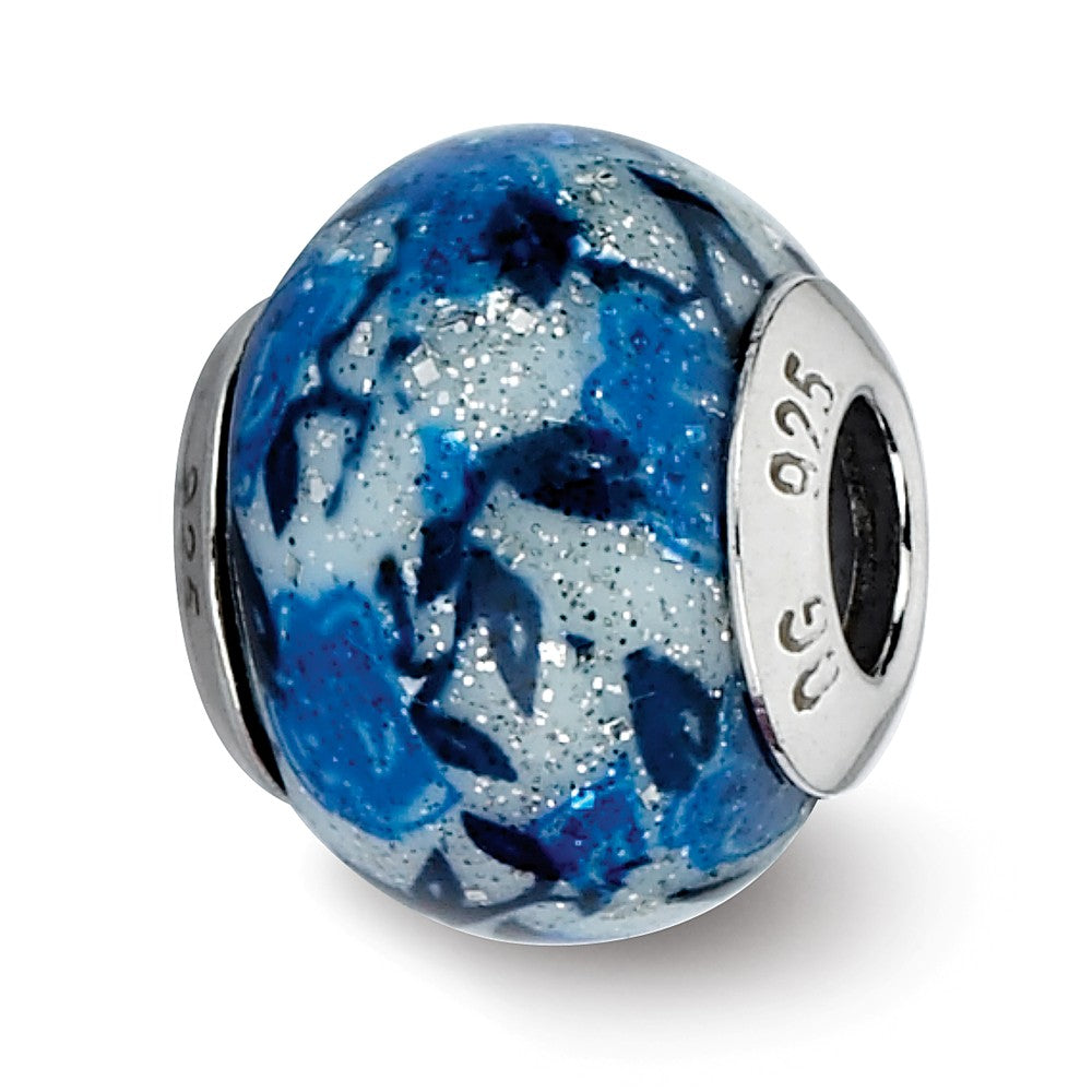 Blue, Rose Glitter Overlay Glass &amp; Sterling Silver Bead Charm, 15mm, Item B10234 by The Black Bow Jewelry Co.