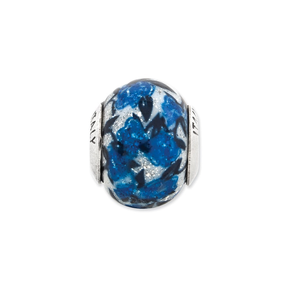 Alternate view of the Blue, Rose Glitter Overlay Glass &amp; Sterling Silver Bead Charm, 15mm by The Black Bow Jewelry Co.