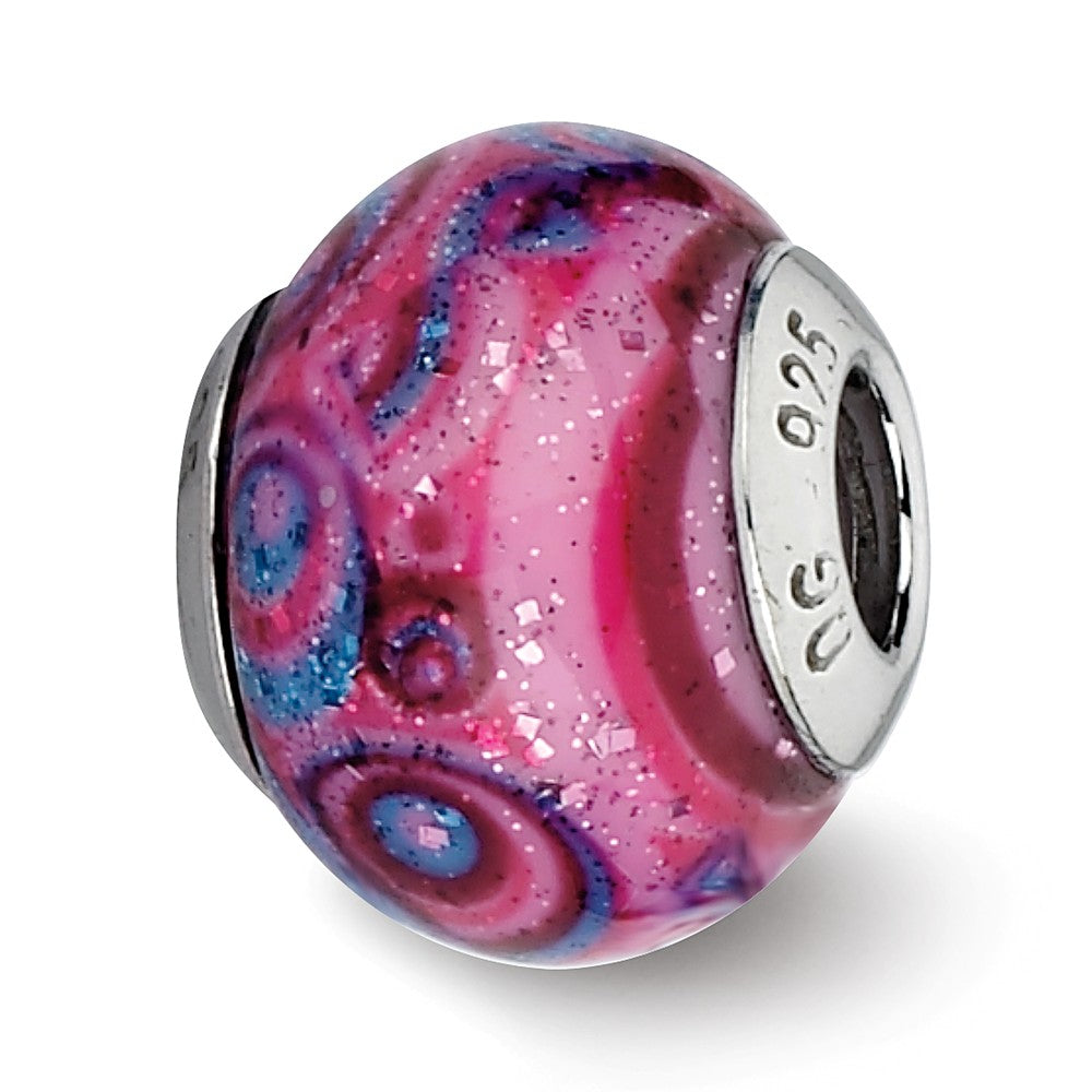 Pink, Purple Swirls Overlay Glass &amp; Sterling Silver Bead Charm, 15mm, Item B10235 by The Black Bow Jewelry Co.
