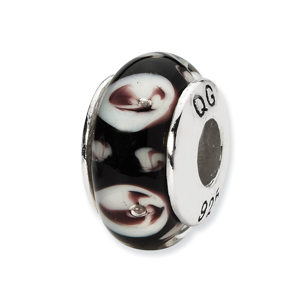 Black, Purple Floral Glass &amp; Sterling Silver Bead Charm, 13mm, Item B10264 by The Black Bow Jewelry Co.