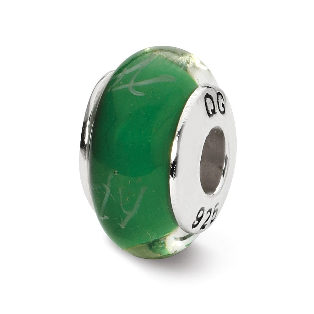 Green, White Scribbles Glass &amp; Sterling Silver Bead Charm, 13mm, Item B10297 by The Black Bow Jewelry Co.