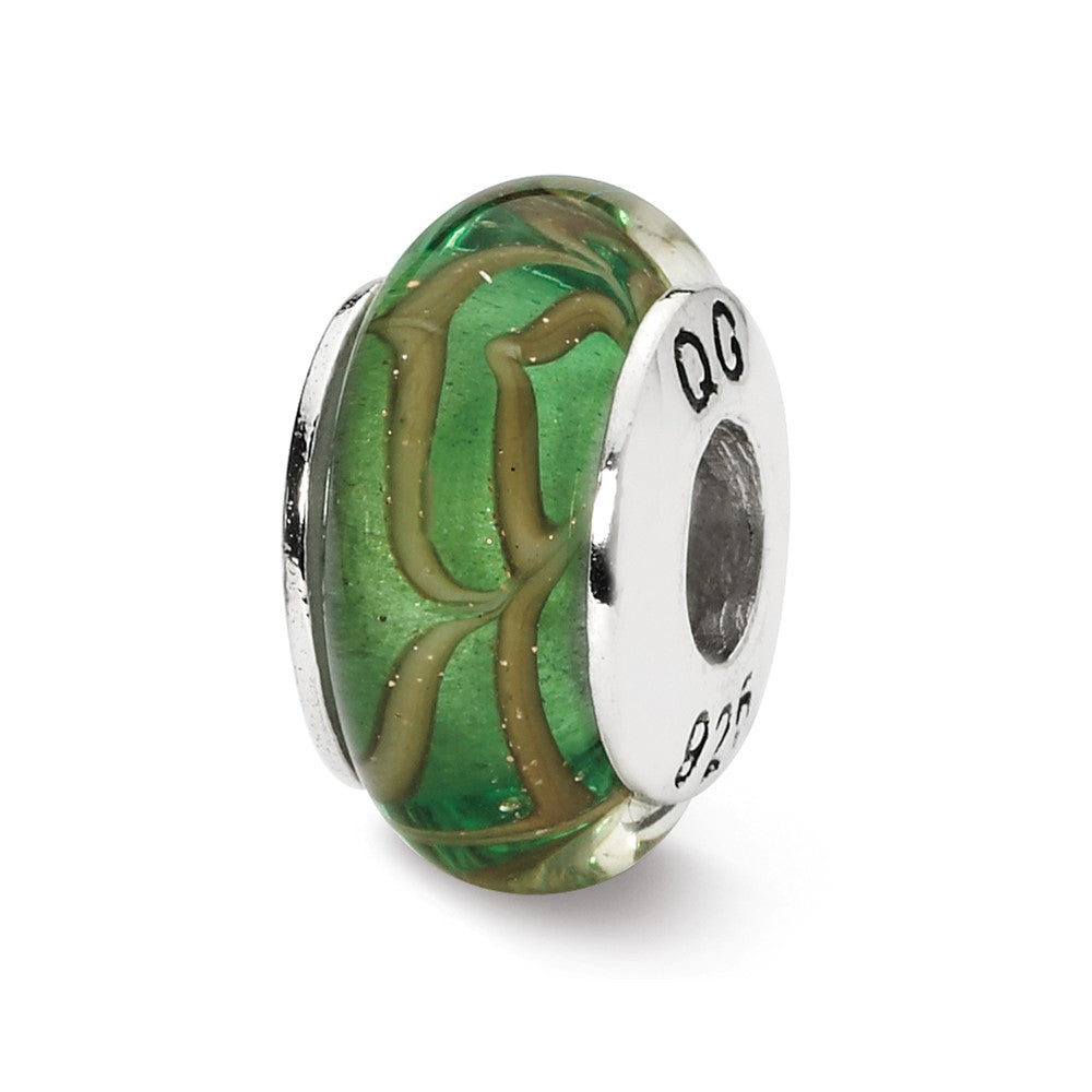 Light Green, Tan Swirl Glass &amp; Sterling Silver Bead Charm, 13mm, Item B10298 by The Black Bow Jewelry Co.