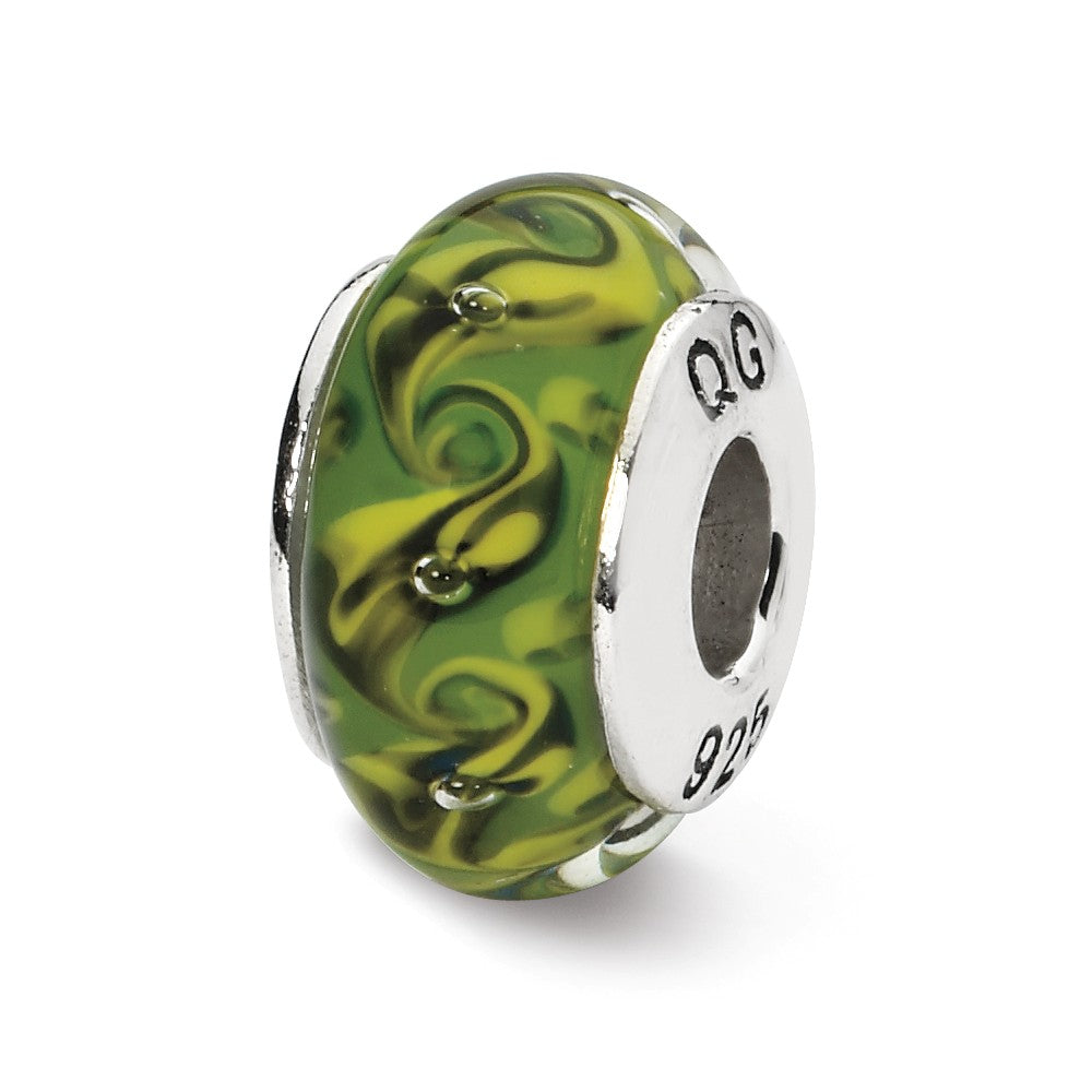 Green/Yellow Swirl Hand-Blown Glass &amp; Sterling Silver Bead Charm, 13mm, Item B10300 by The Black Bow Jewelry Co.