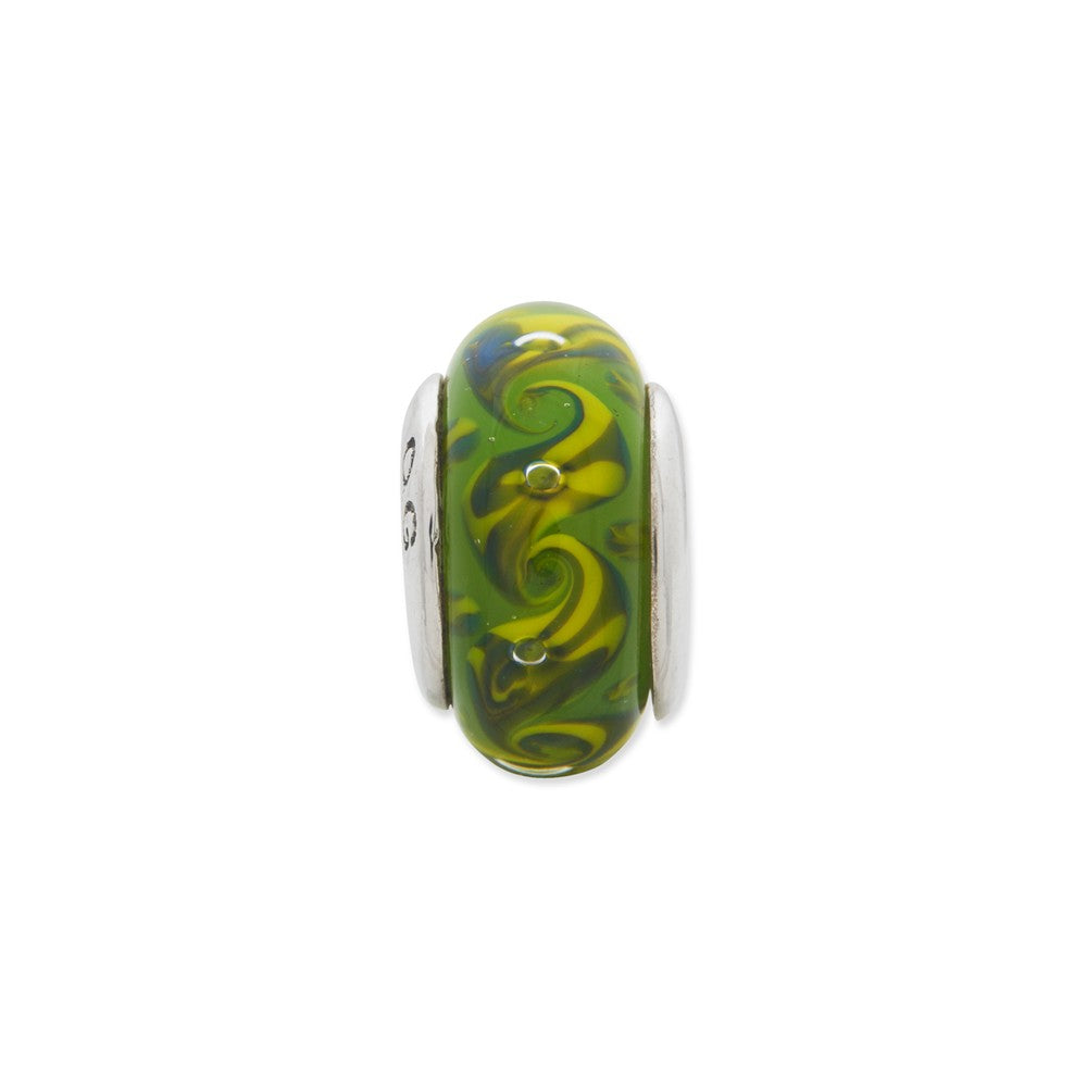 Alternate view of the Green/Yellow Swirl Hand-Blown Glass &amp; Sterling Silver Bead Charm, 13mm by The Black Bow Jewelry Co.