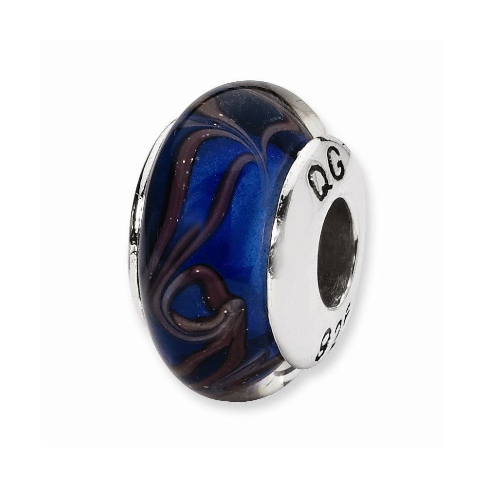 Blue, Brown Swirl Hand-Blown Glass &amp; Sterling Silver Bead Charm, 13mm, Item B10319 by The Black Bow Jewelry Co.