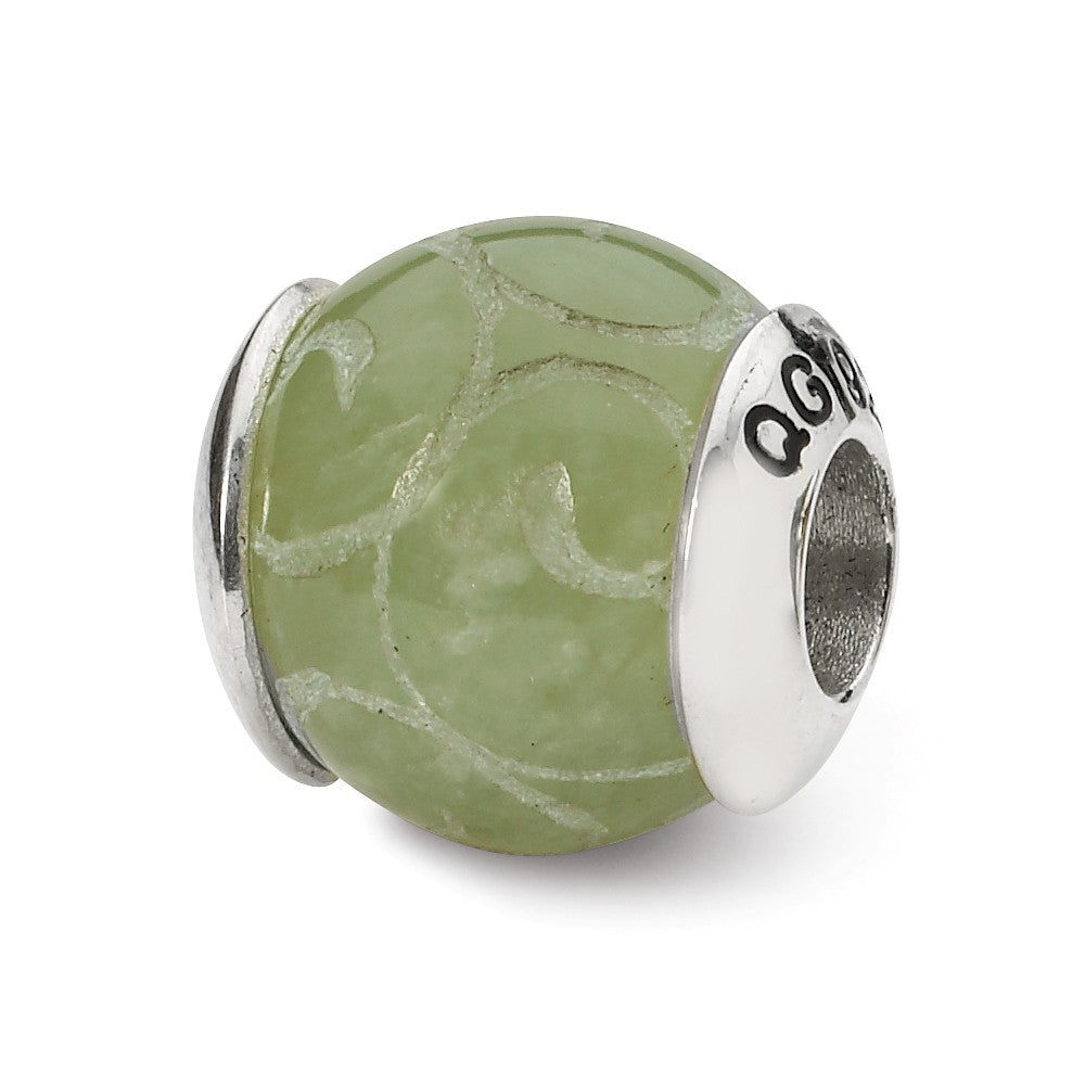 Etched Jade Stone &amp; Sterling Silver Bead Charm, 13mm, Item B10436 by The Black Bow Jewelry Co.