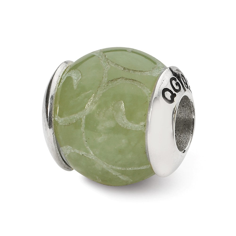 Etched Jade Stone & Sterling Silver Bead Charm, 13mm, Item B10436 by The Black Bow Jewelry Co.
