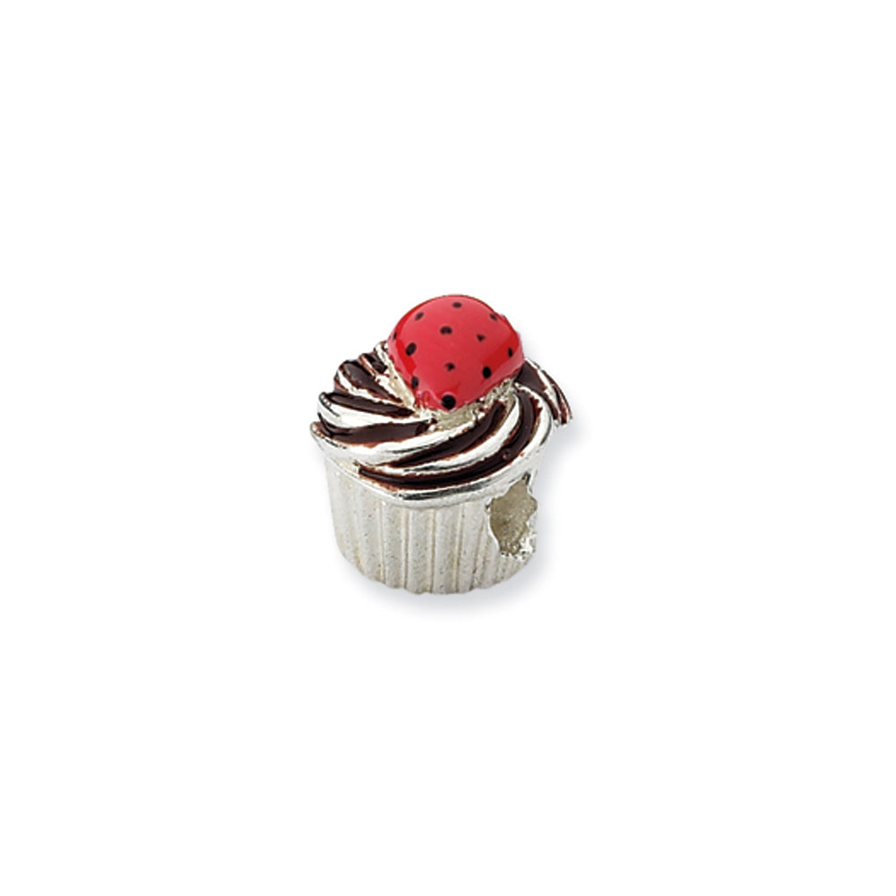 Sterling Silver Enameled Strawberry Cupcake Bead Charm, Item B10523 by The Black Bow Jewelry Co.