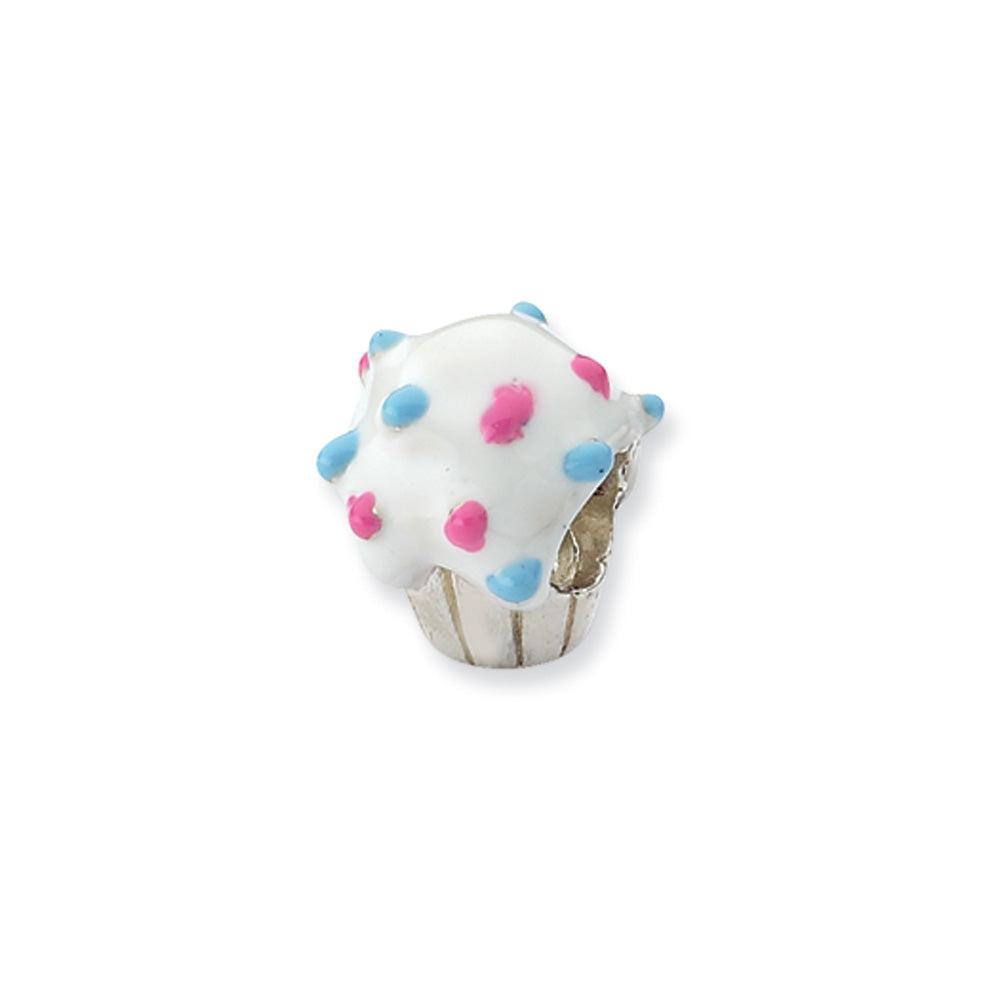 Sterling Silver White Enameled Cupcake Bead Charm, Item B10524 by The Black Bow Jewelry Co.